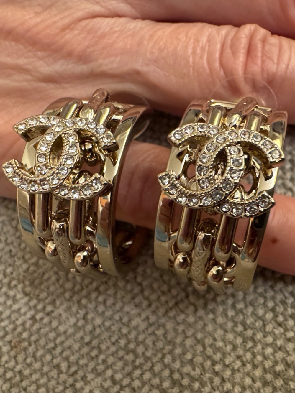 Super Rare New Classic Chanel CC Logo Crystal & Gold Plated Small Hoop Earrings